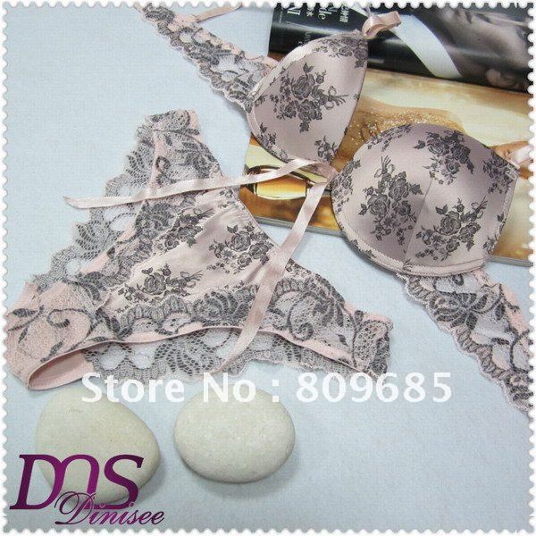 Free Shipping Sexy Floral Lace Single Breasted Women Luxury Shapers Bra and Panty Push Up 3/4 Cover Bra & Brief Sets 28003