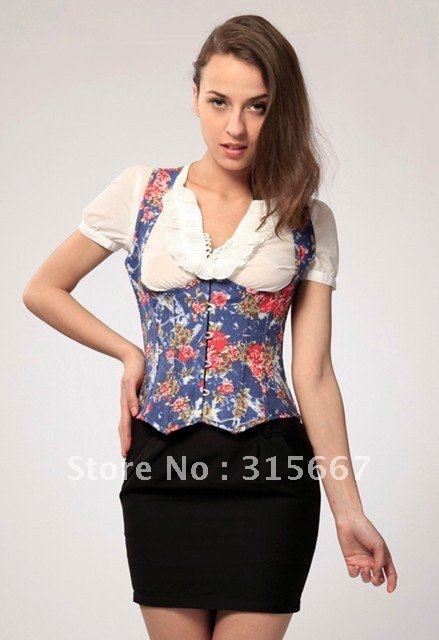 Free shipping sexy FLOWER printing corset+string,lingerie ,bustier  ,black