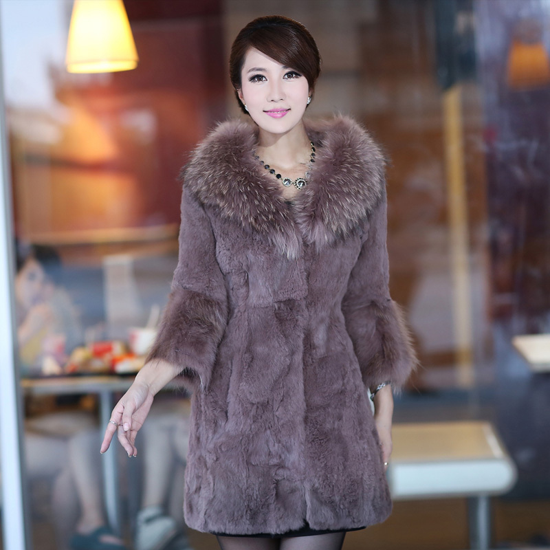 Free shipping Sexy Genuine Rabbit Fur Coat with Raccoon Dog Collar Winter Casual Clothes M,L,XL,XXL,XXXL OEM Wholesale