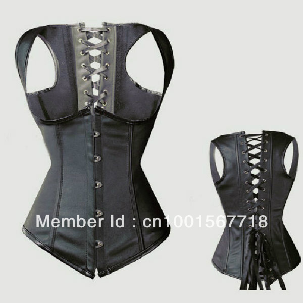 free shipping Sexy Gothic Black Punk Faux Leather Boned Underbust Corset Bustier/G-string wholesale