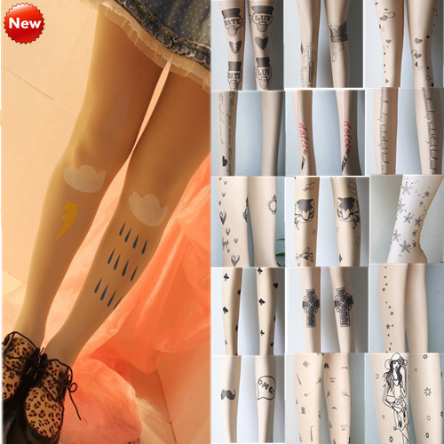 Free Shipping Sexy Gun Cat Angel Tattoo Socks 3pcs/Lot Transparent Pantyhose Stockings Tights Leggings