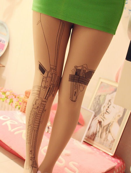 Free Shipping Sexy Gun Cat Angel Tattoo Socks 3pcs/Lot Transparent Pantyhose Stockings Tights Leggings  650223