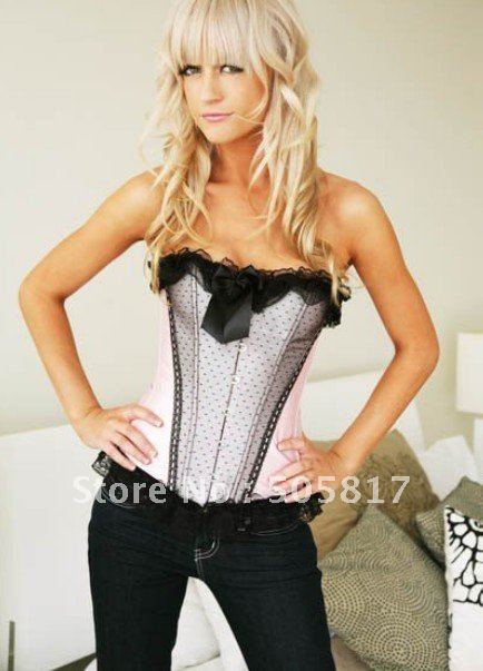 Free shipping  Sexy lace corset  boned corset bustier with panty  pink color  S/M/L/XL  QM820