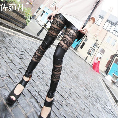 Free shipping sexy lace faux leather horizontal stripe double trousers&Fashion Leather Leggings