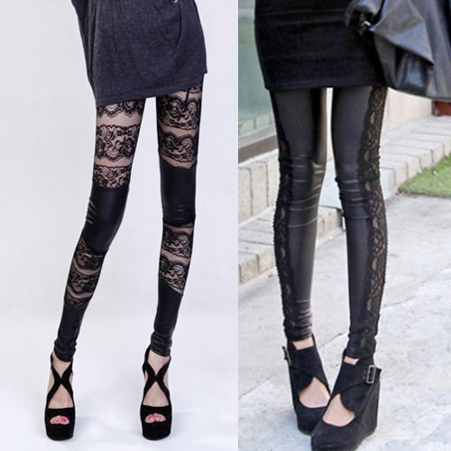 Free shipping sexy lace leggings  faux leather patchwork legging