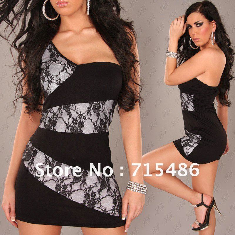 Free Shipping Sexy lace Lingerie KTV Club Wear Grey Patchwork Halter  Dress  One Shoulder Mini Dress