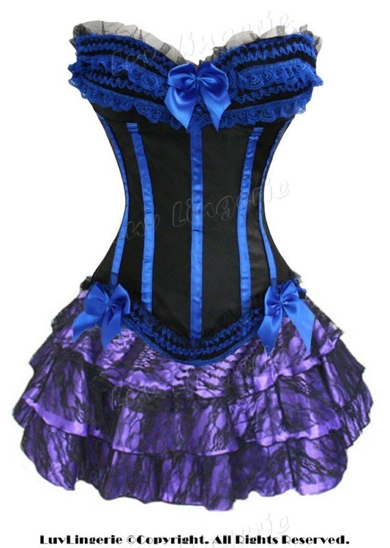 Free shipping! Sexy Lingerie Blue bowknot Corset Bustier with G-String + Mini Skirt