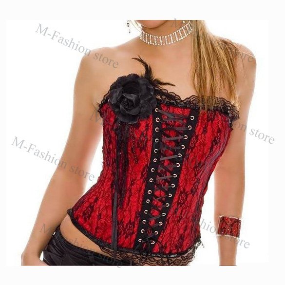 Free Shipping Sexy Lingerie Lace underwear body shaper Red and Black corset bustier with Corsage+G-string