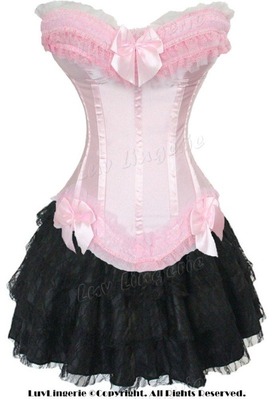 Free shipping! Sexy Lingerie Pink Corset Bustier with G-String+Mini Skirt