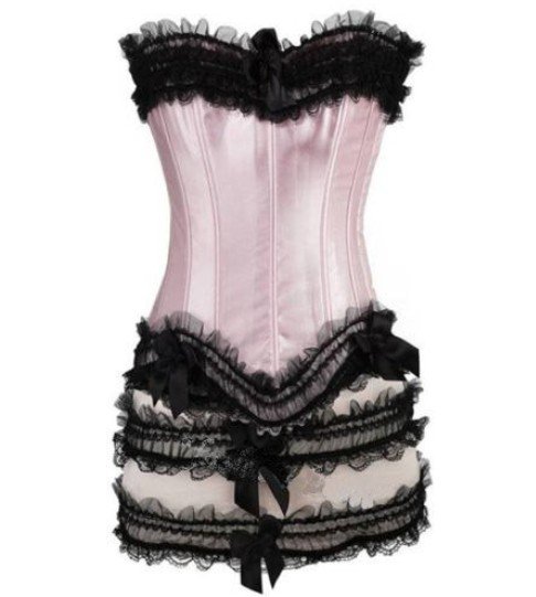 Free shipping! Sexy Lingerie Pink Corset Lace up Bustier+G-String+Mini Skirt 8108