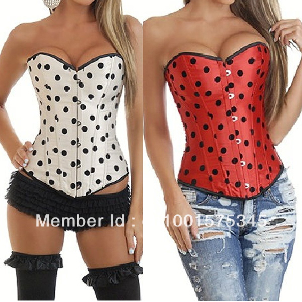 Free shipping Sexy Lingerie Red/White Dots Sexy Lace Up Boned Overbust Corset Bustier Top S-2XL