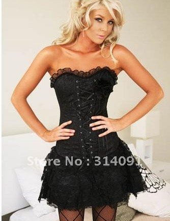 Free shipping!! Sexy Lingerie Satin Corset Dress with Mini Skirt Bustier+G-String+Brooch 8102