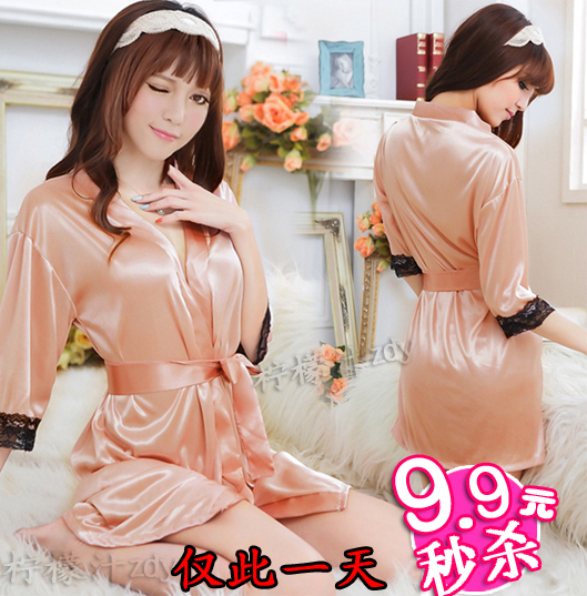 Free Shipping  Sexy noble faux silk temptation translucent robe female skirt bathrobe sleepwear