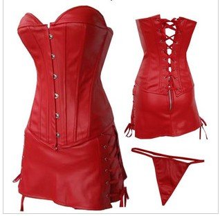 FREE SHIPPING Sexy Red Corsets Sets  Ribbon Steel Button Leather Corset Slim Fit Stylish Three-pieces dress for women