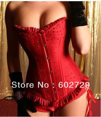 Free shipping Sexy red Diamante boned lace up corset bustier clubwear bodyshaper dropship S-2XL