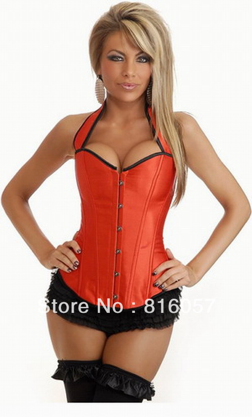 Free shipping sexy Red halter corset bustier top satin overbust corset for women S M L XL