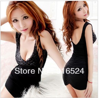 Free Shipping +Sexy Slim Quality summer sexy sleepwear women's bodice princess  hot black paillette nightgown short skirt