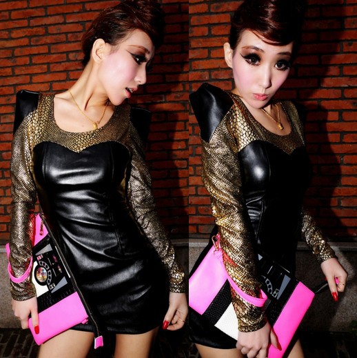 Free Shipping!!! Sexy Snakeskin PU Leather Puff Long Sleeve Club Dress Black&Gold FW- 3358