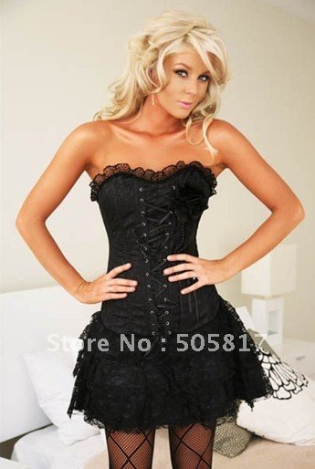 free shipping Sexy strapless corset with skirt lingerie black lace sexy underwear women bustier ladies shaper mz2176