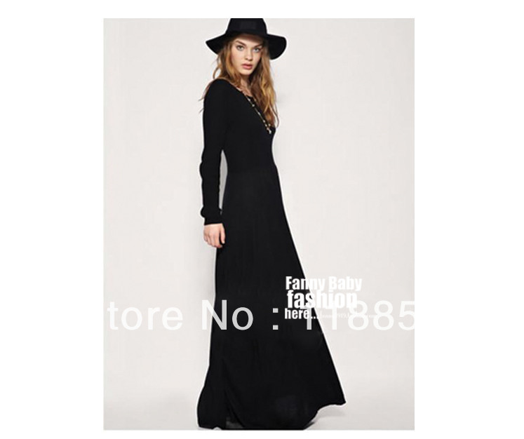 free shipping sexy strentch long sleeve maxi long dress color black A-LYQ-003