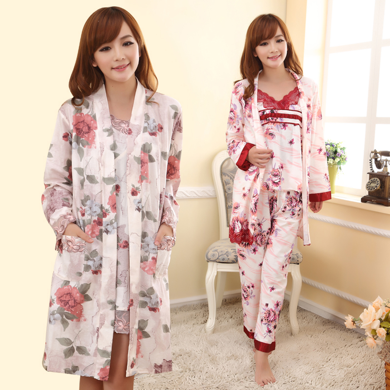 free shipping Sexy temptation of spring and autumn piece set medium-long robe women's cotton sleepwear dresses lounge set