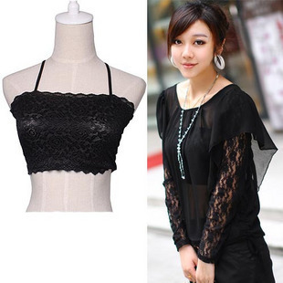 Free shipping  sexy translucent lace flower mesh tube top spaghetti strap tube top