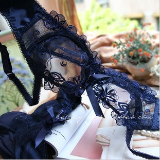 Free shipping + Sexy transparent gauze embroidery thin navy blue bra underwear,include underpants