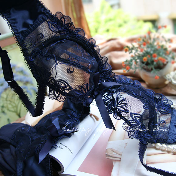 Free shipping + Sexy transparent gauze embroidery thin navy blue bra underwear,include underpants