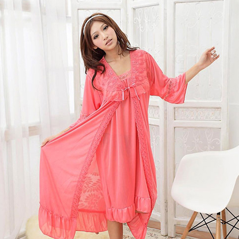 free shipping Sexy viscose sleepwear twinset skirt lace princess faux silk short-sleeve spaghetti strap nightgown