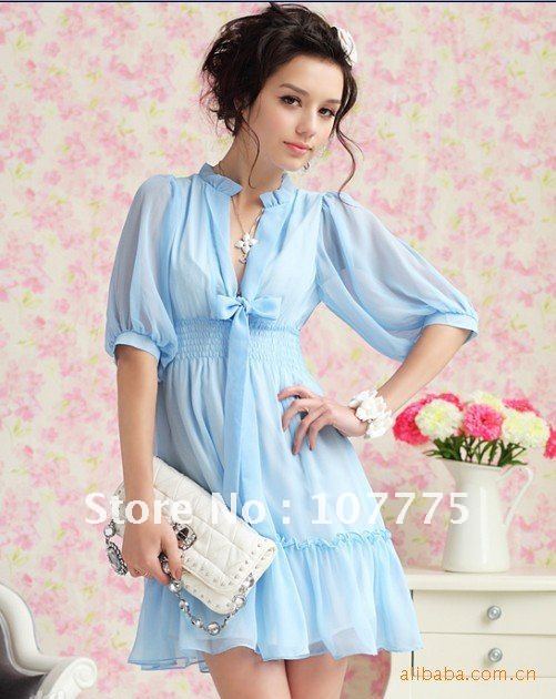 free shipping sexy women half-sleeve light blue white pink chiffon dress with front bow E1CF0