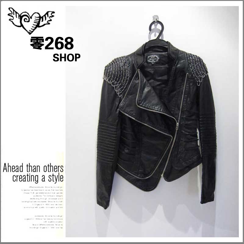 free shipping Shalang denim patchwork motorcycle handsome coat leather clothing