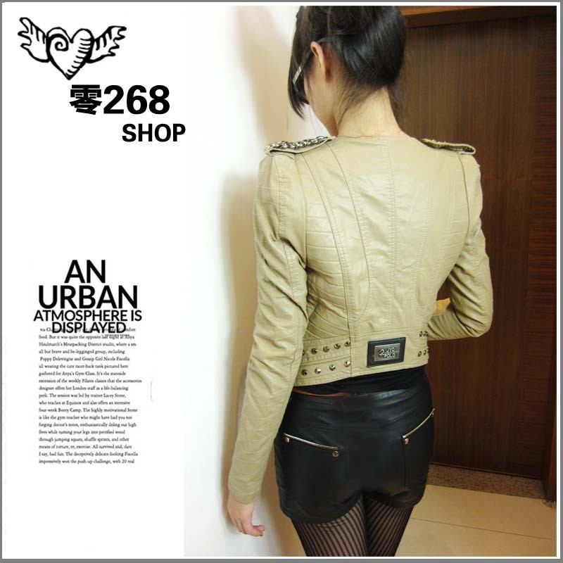 free shipping Shalang epaulette rivet slim leather clothing female outerwear short design