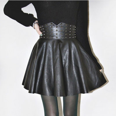 free shipping Shes-story punk rivet wide cummerbund all-match high waist pleated bust leather skirt