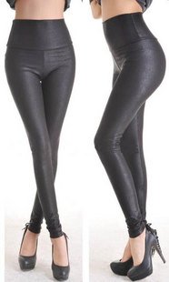 FREE SHIPPING  Shiny Metallic High Waist Black Stretch Leather Leggings/Tights/Pants