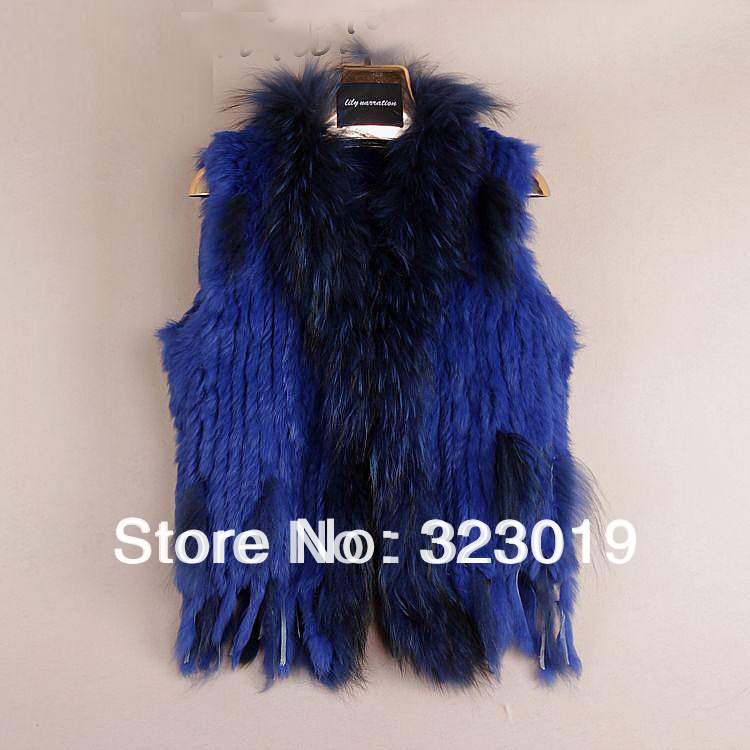 FREE SHIPPING shipping, 9COLORS,Knit rabbit fur vest with finnraccoon fur collar mixed order