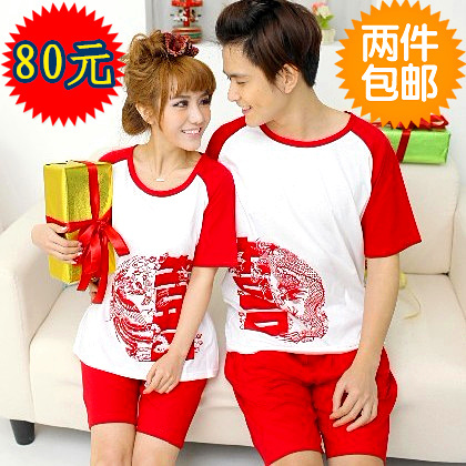 free shipping Short-sleeve lovers sleepwear female summer stripe lounge male 100% cotton at home service red marry sleep set