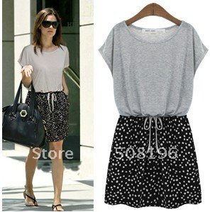 Free shipping  Short sleeved with Dots Chiffon casual thin dress