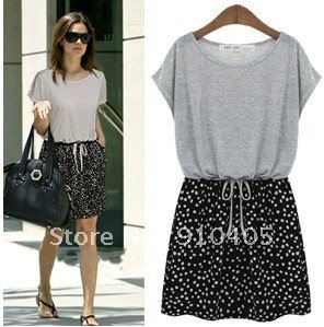 Free  shipping  Short sleeved with Dots Chiffon casual thin dress increase