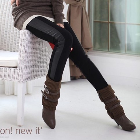 free shipping Sidepiece faux leather autumn and winter slim matte faux leather patchwork legging ankle length trousers female