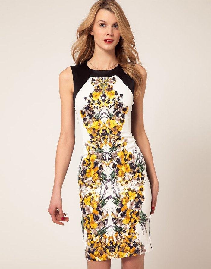 Free Shipping Signature stretch placed mirrored pansy print women dress with contrast solid colour satin back   KM DN228