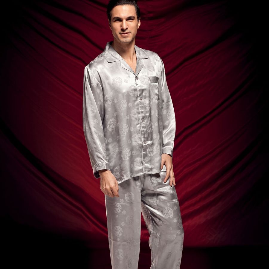 free shipping Silk male jacquard long sleeve length pants sleep set 3 a5007 silver