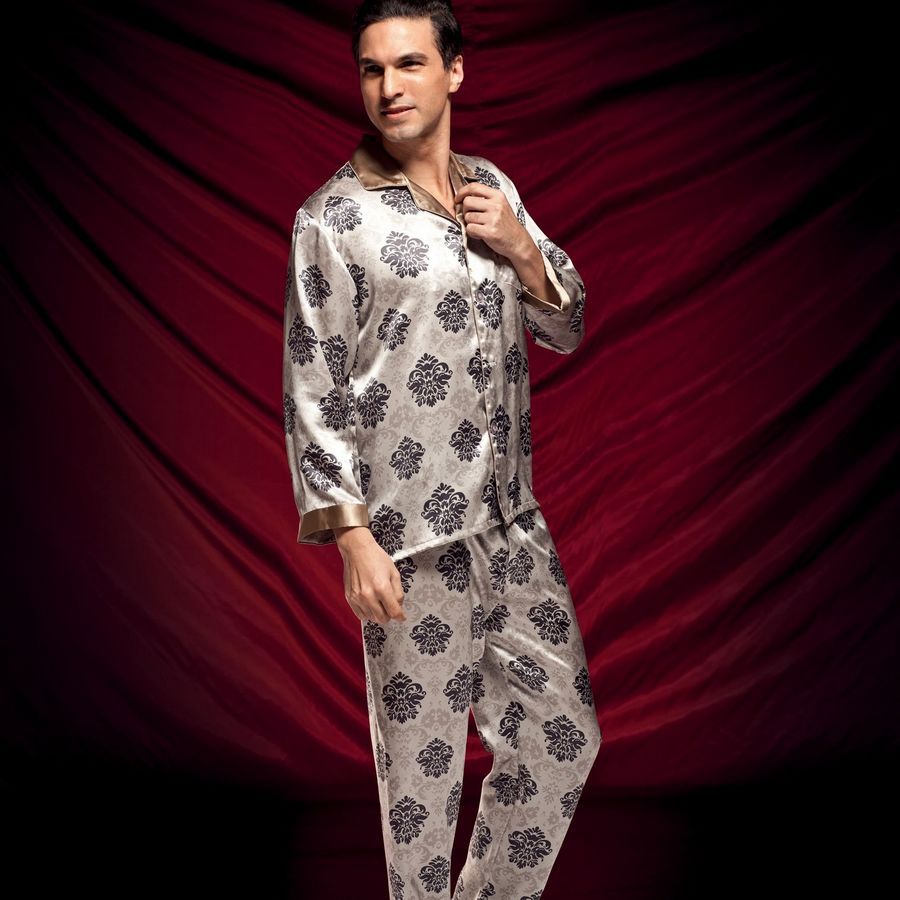 free shipping Silk mulberry silk long-sleeve twinset sleepwear d5012 gray rich flowers