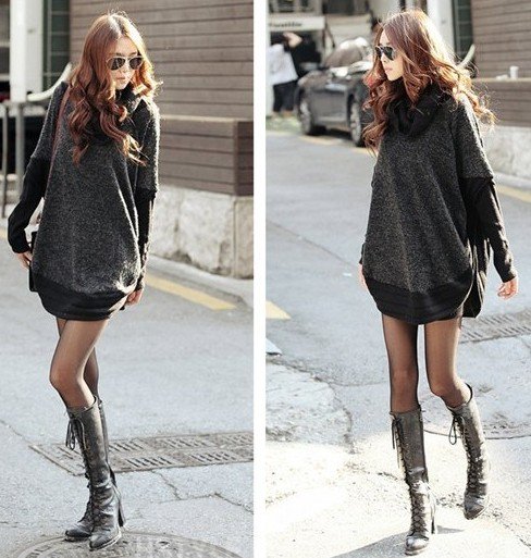 Free Shipping!!! Simple Casual Loose Fuzzy Knitted Sweater Dress Grey