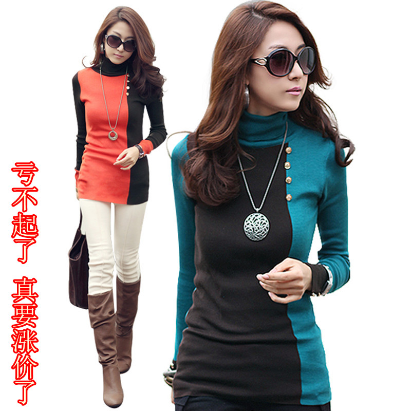 Free shipping (Single buy wholesale) women's patchwork turtleneck sweater slim basic thick sweater basic shirt female