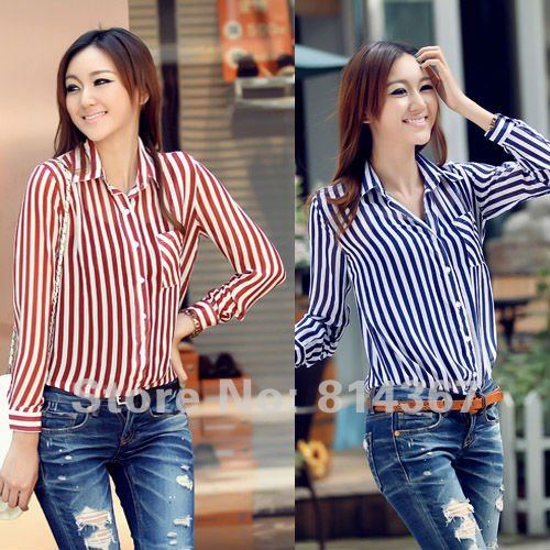 Free Shipping SINGLE POCKET VERTICAL STRIPE LONG-SLEEVE CHIFFON SHIRT WF-0119