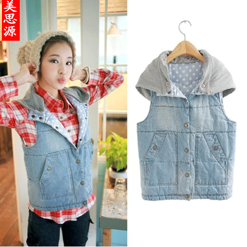 Free Shipping Siyuan 2013 women's with a hood clip denim vest outerwear cotton vest y9759 21a