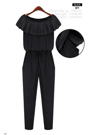 Free Shipping Size Free Women Ruffles O-Neck Solid Jumpsuits Fashion Loose Lady Rompers Chiffon Jumpsuit Causual Wear