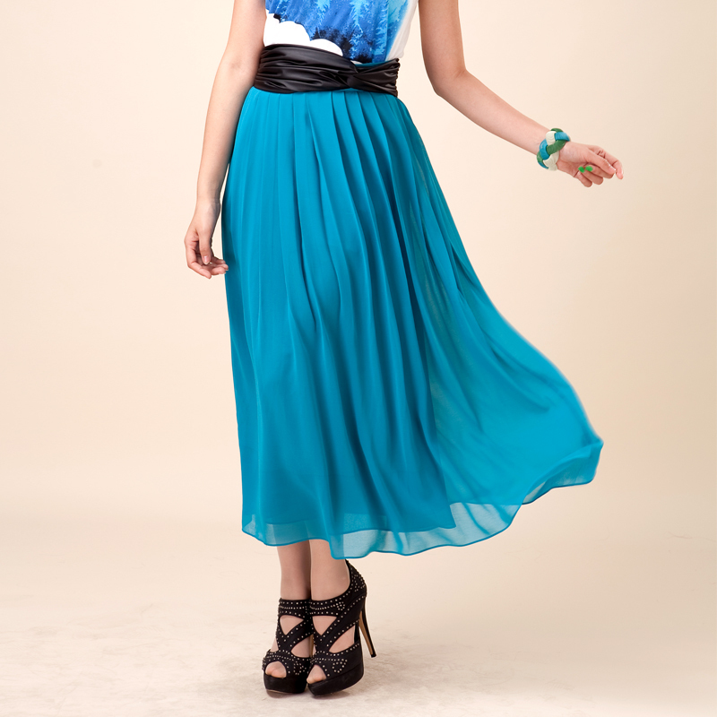 Free shipping Skirt fashion autumn patchwork slim waist breathable leather belt pleated bust skirt chiffon pleated skirt