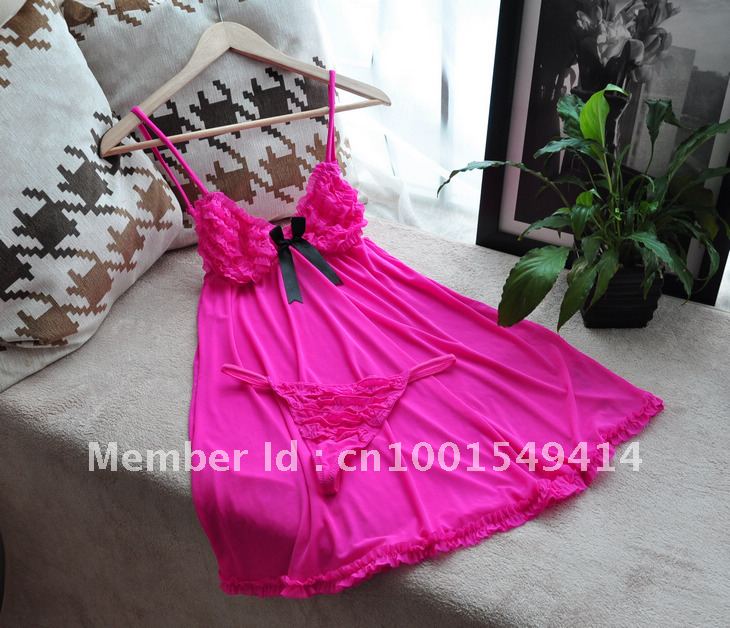 Free shipping Sleep skirt suit  Gauze sleepwear rose sweet sexy bow cake perspectivity spaghetti strap nightgown