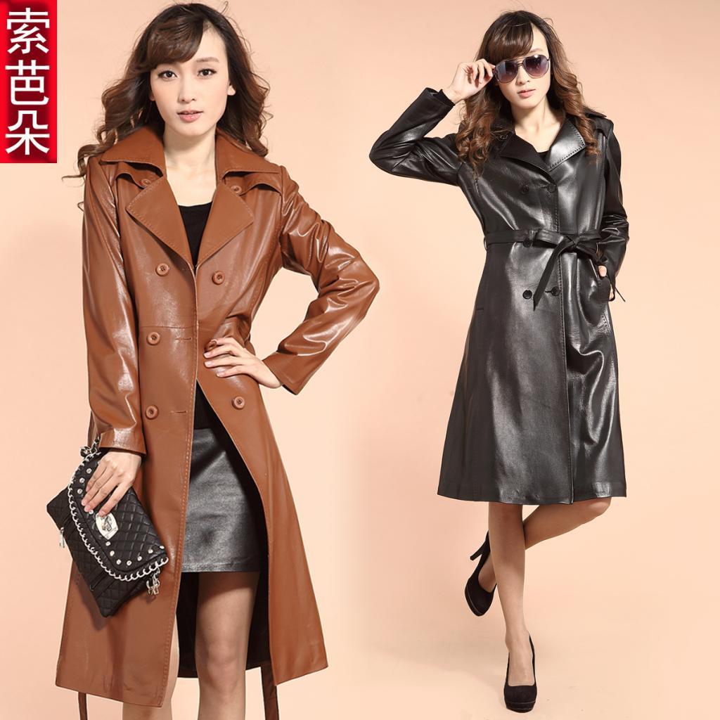 Free Shipping Sleepskin Leather clothing women's autumn long style sheepskin fashion outerwear genuine leather trench jacket